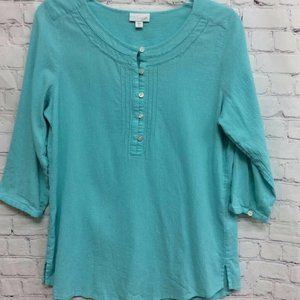 J. Jill Womens Popover Blouse Aqua Turquoise 3/4 Sleeve Scoop Neck Side Slits M